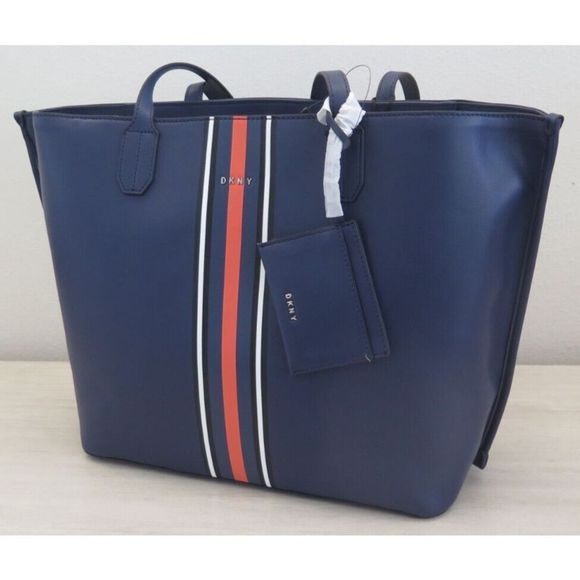 DKNY R21AAQ04 Women's Large Navy Blue w/Stripes Bradee Tote w/Card Pouch $228 - Picture 6 of 12